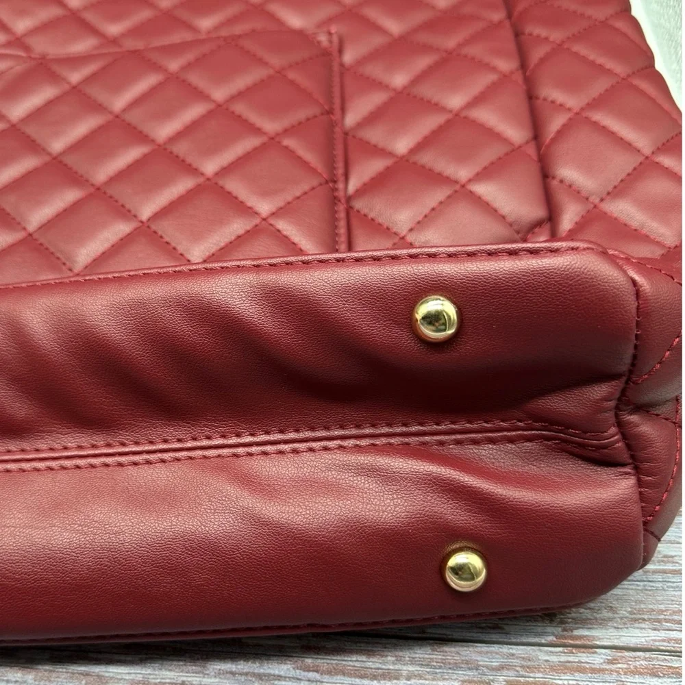 GILDA PARIS | Quilted Tote Large Tote Bag Wine Red with Gold Hardware NWT